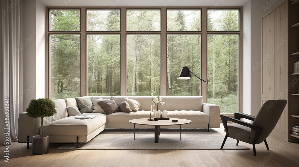 Fototapeta premium interior living room with large windows and overlooking the forest views, generative ai