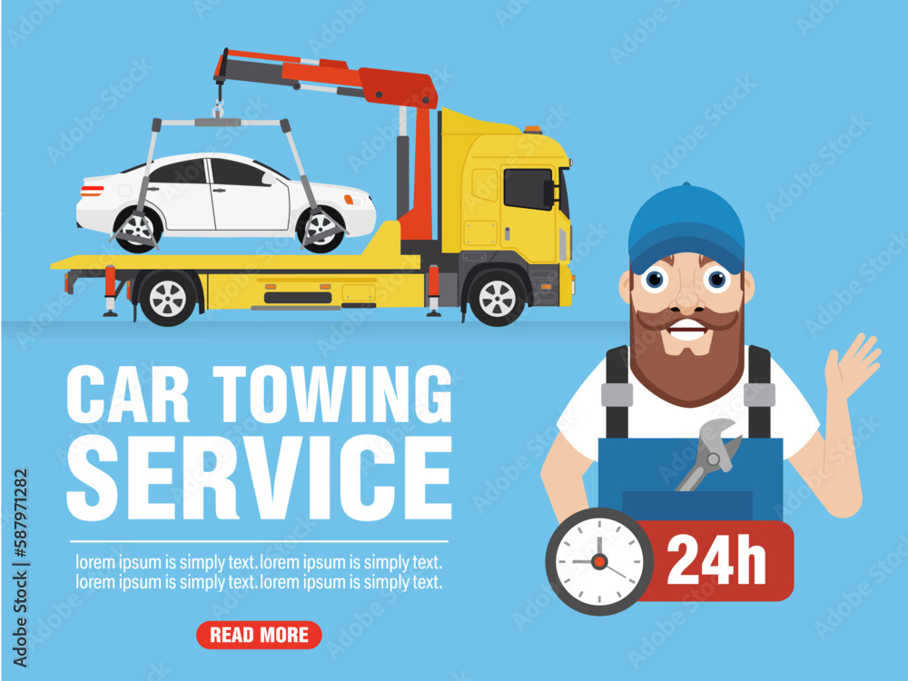 Car towing service concept design flat banner Car towing service concept design flat banner