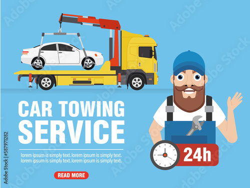 Car towing service concept design flat banner