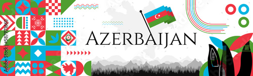 The Azerbaijan Independence Day abstract banner design with flag and map. Flag color theme geometric pattern retro modern Illustration design. blue, red and green color template.