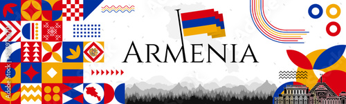 The Armenia Independence Day abstract banner design with flag and map. Flag color theme geometric pattern retro modern Illustration design. Red, blue and Yellow color template.