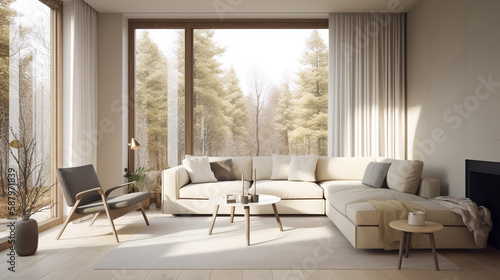 interior living room with large windows and overlooking the forest views  generative ai