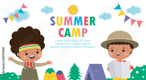 kids summer camp background education Banner Template for advertising brochure with cartoon of children doing activities on camping poster flyer your text ,Vector Illustration 