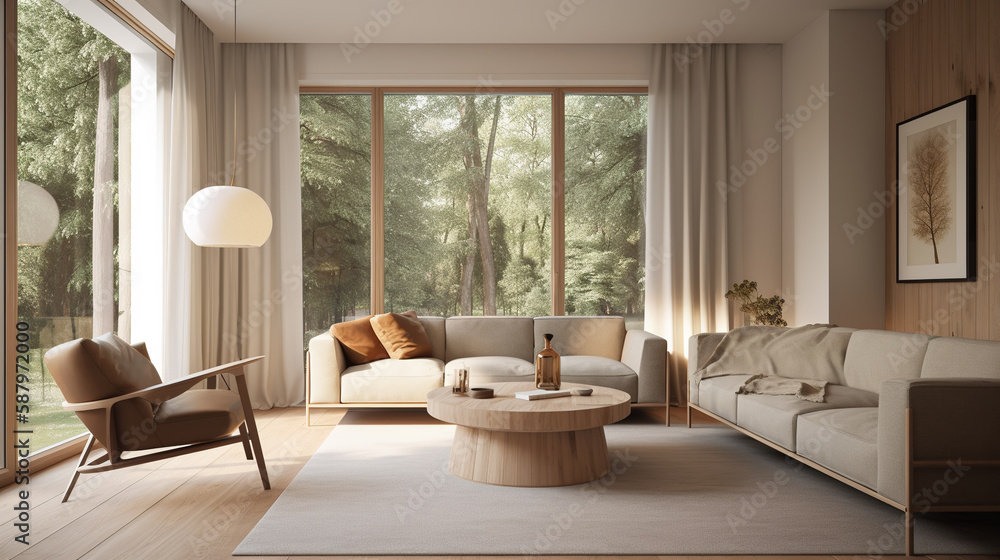 Fototapeta premium interior living room with large windows and overlooking the forest views, generative ai