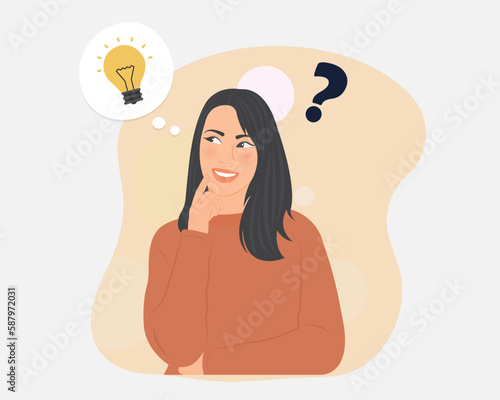 Beautiful young woman with long hair is contemplating, planning, analyzing work and income for a comfortable life. Vector illustration.