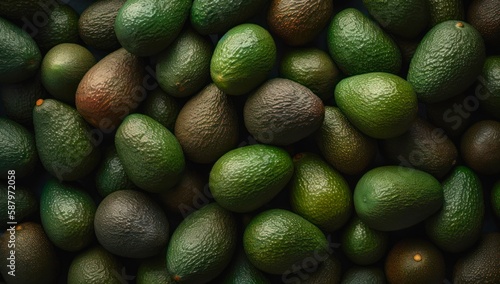 A lot of ripe avocado fruits. Background design with fresh avocados. Generative AI.