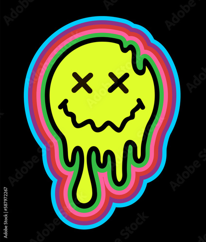 Funny psychedelic surreal techno acid LSD melt smile face logo. Dripping smile. Good mood. Positive emoji. Molten. Vector emoji multi-colored outline on a black background. Emoji face. Closed eyes.