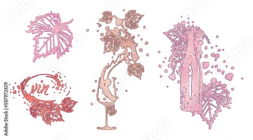 Wine Designs - Collection of wine glasses and bottles. Hand drawn elements for invitation cards, advertising banners, menus in gold style. Wine glasses with splashing wine. Sketch vector illustration.