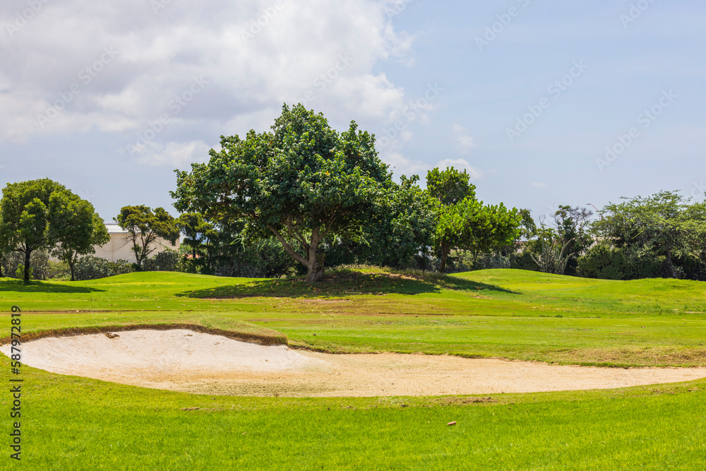 Beautiful view of green grass golf field on Aruba island. 