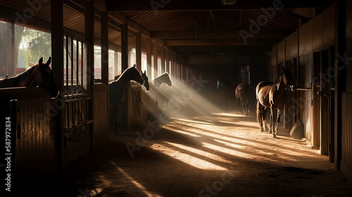 Silhouette of horses in the stable, Generative AI