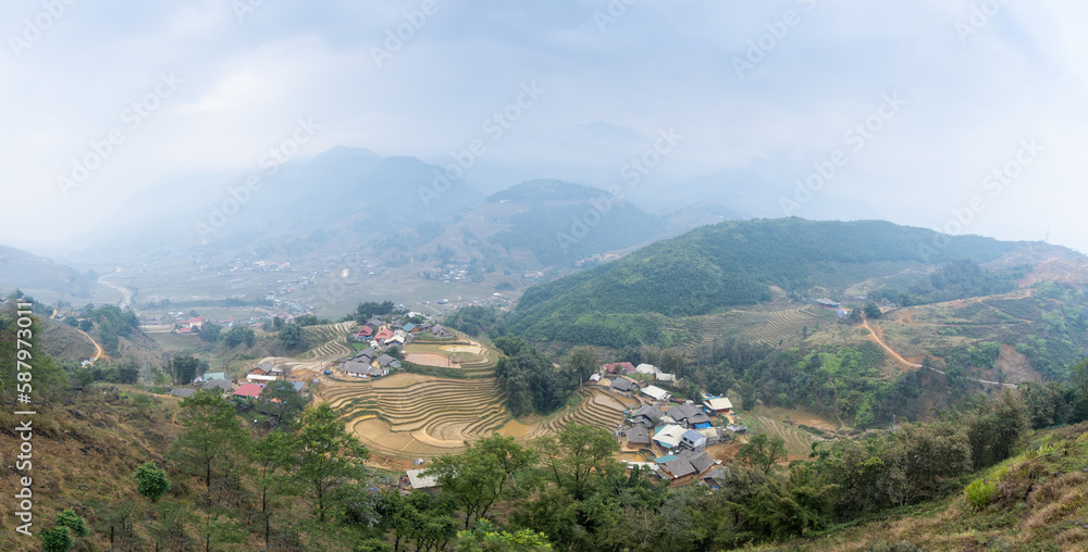 Aerial panoramic view of rice terraces and village.Vietnam