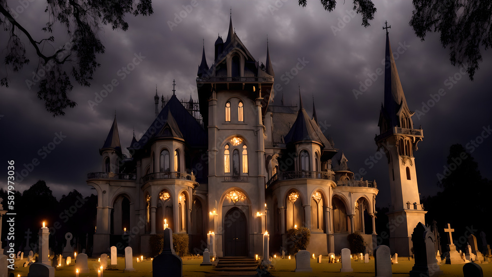  Illustration of an Art Nouveau style witch's mansion in the cemetery at night - AI Generated