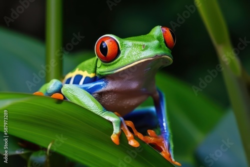 Red-eyed tree frog sitting on green leaves. Generative AI © grape_vein