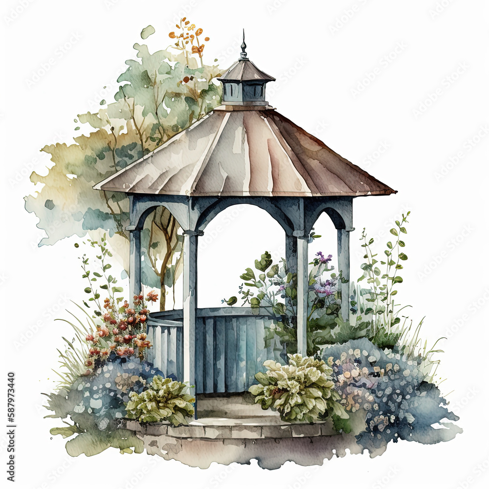 Watercolor garden shelter and flowers illustration on white background. Ai generated