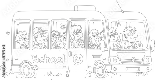 Small school bus with a smiling driver and noisy company of funny little passengers, black and white vector cartoon illustration for a coloring book page