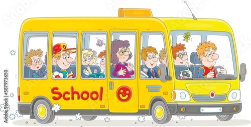 Small yellow school bus with a smiling driver and noisy company of funny little passengers, vector cartoon illustration isolated on a white background