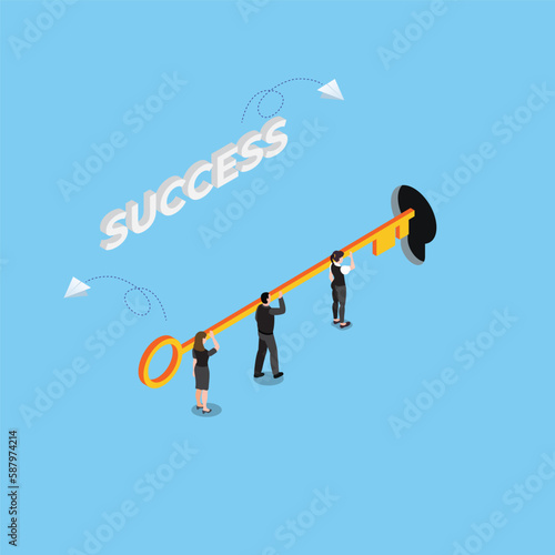 Business team work carry success key isometric 3d vector illustration concept for banner, website, illustration, landing page, flyer, etc.