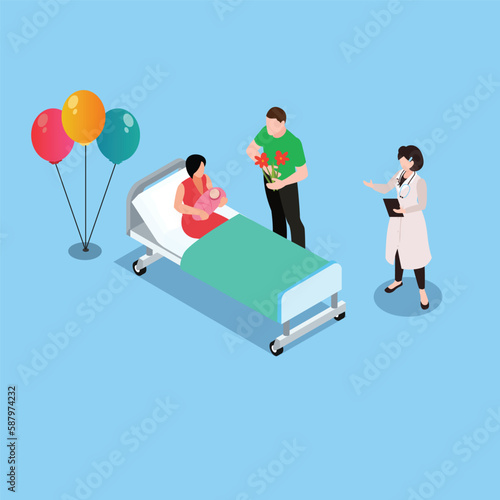 Husband visiting wife bringing some flowers after delivery in New Born Clinic Hospital Maternity isometric 3d vector illustration concept for banner, website, illustration, landing page, flyer, etc.