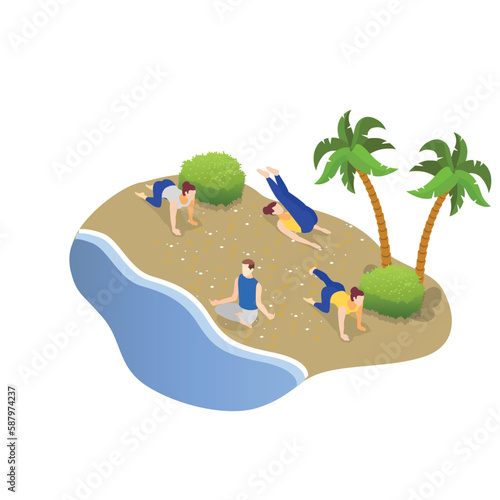 Group beach yoga class isometric 3d vector illustration concept for banner, website, illustration, landing page, flyer, etc.