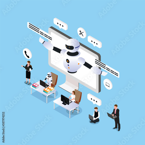 Online communication with chat bot isometric 3d vector illustration concept for banner, website, illustration, landing page, flyer, etc.
