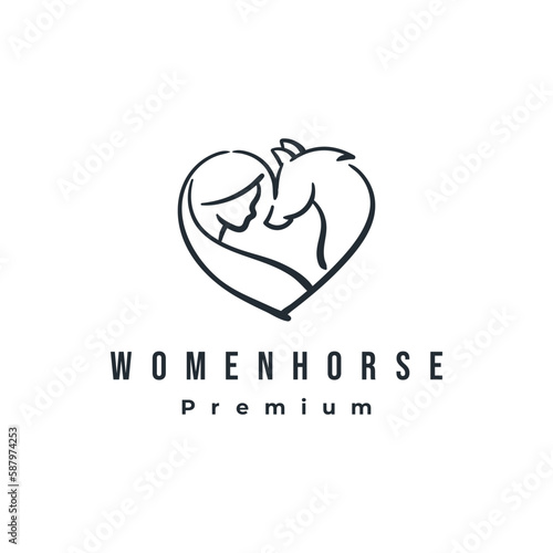 Women and horse love heart beautiful logo design concept. Animal care vector line illustration