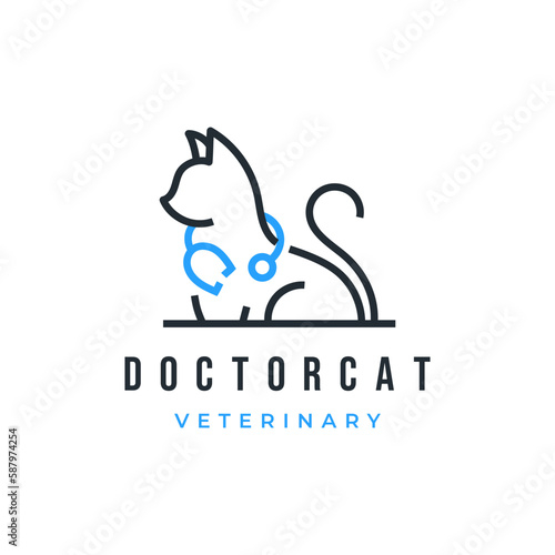 Cat doctor with stethoscope. Animal pet medical health care veterinary logo icon vector illustration