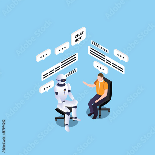 AI chat bot chatting with man provide smart solution isometric 3d vector illustration concept for banner, website, illustration, landing page, flyer, etc.