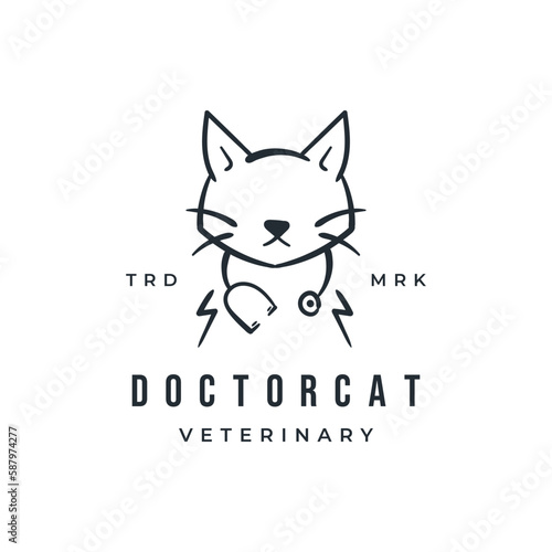 Cat doctor with stethoscope. Animal pet medical health care veterinary logo icon vector illustration