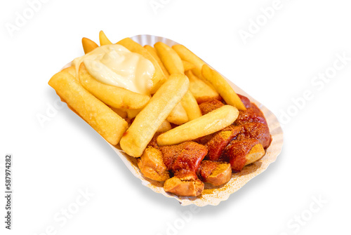 Currywurst with fries and mayo. Transparent png backgound.