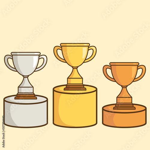 Gold, silver, and bronze trophy cartoon icon collection. Winner cups with star in flat style. Vector flat outline icon