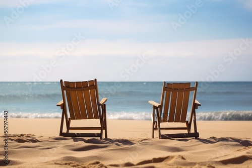 Two chairs on beach near the ocean on ready for honeymoon couple. Generative AI © grape_vein