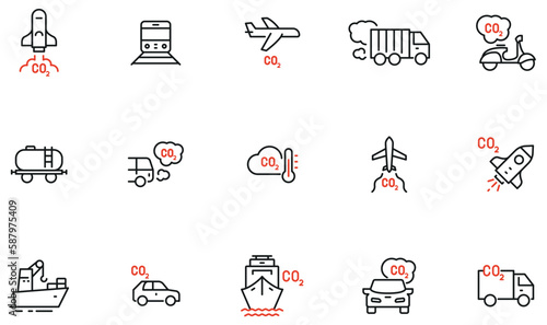 Vector Set of Linear Icons Related to Increasing Transport Pollution. Emission of Carbon Dioxide. Mono Line Pictograms and Infographics Design Elements