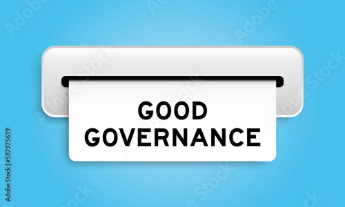 White coupon banner with word good governance from machine on blue color background