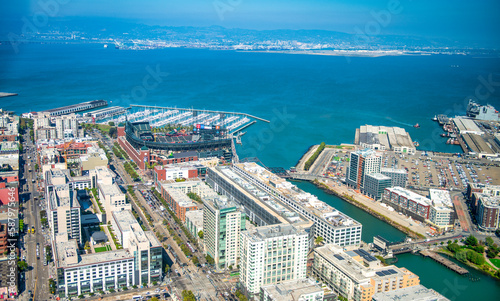 Photography San Francisco, California - August 7, 2017: Aerial view of San Francisco stadium and port from helicopter on a clear sunny day