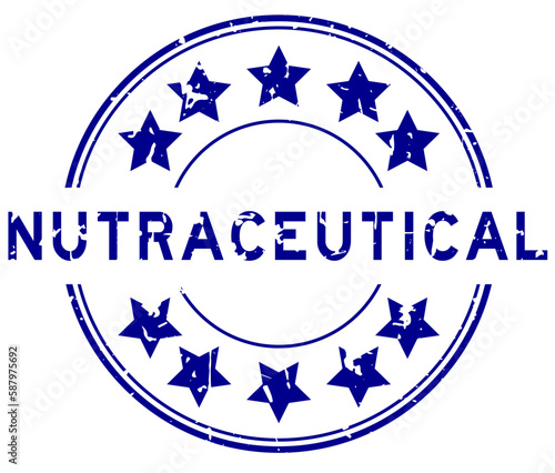 Grunge blue nutraceutical word with star icon round rubber seal stamp on white background