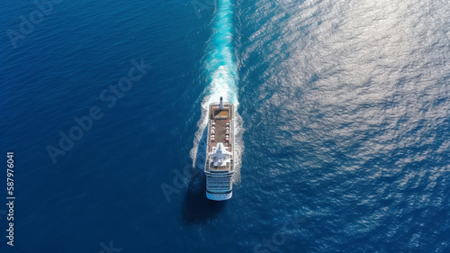 Glimpse into the life on a cruise ship with this aerial view of the ship sailing through the vast sea. Generative AI