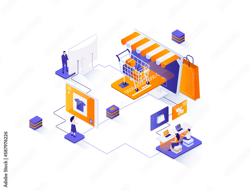 E-commerce isometric web banner. Online shopping platform isometry concept. Customer support 3d scene, purchase order and delivery service flat design. Illustration with people characters. E-commerce isometric web banner. Online shopping platform isometry concept. Customer support 3d scene, purchase order and delivery service flat design. Illustration with people characters.