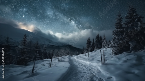 A winter storm in the mountains. The snowdrifts that cover the paths and roads make travel difficult, but the stars in the sky add a sense of peace and tranquility to the scene. Generative AI