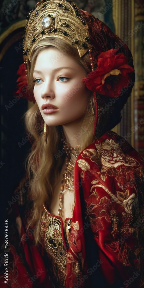 A noble woman, could be Byzantine or Venetian queen or princess, dressed in royal red. Created with Generative AI technology.