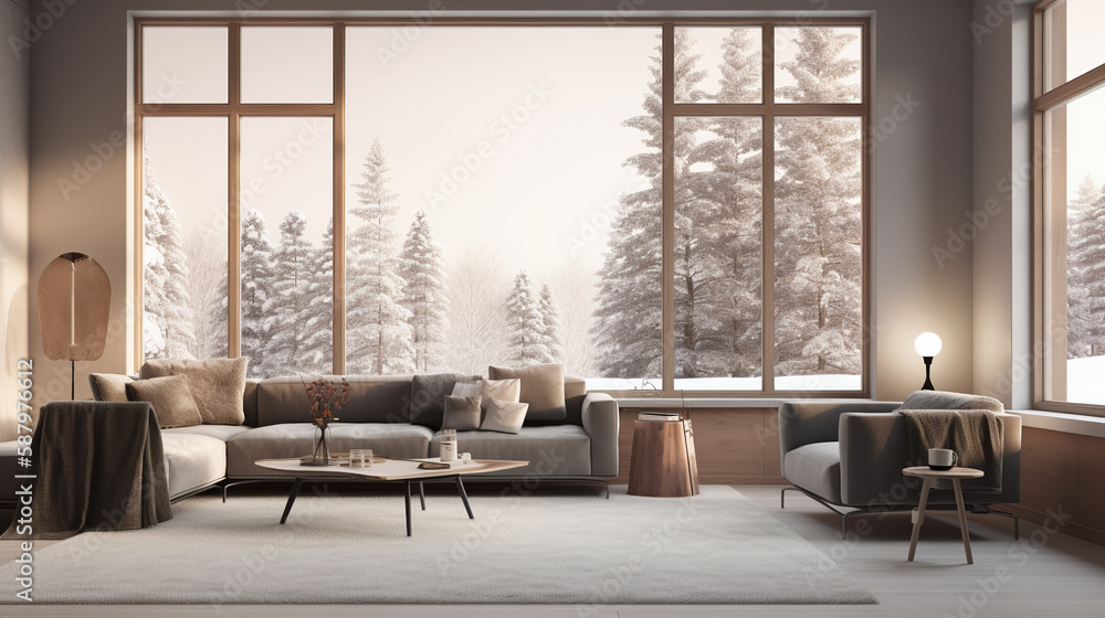 interior living room with large windows and overlooking the winter forest, generative ai