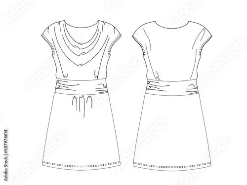Vector top fashion , woman set technical drawing, flat, template, sketch. Jersey or woven fabric , white color