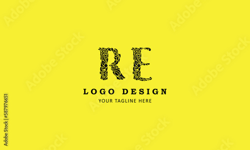 Creative letter RE for logo and monogram. Minimal artistic style letter with yellow spot for education, festive and party or technology graphic. Vector typographic design