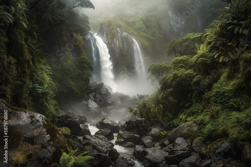 Stunning shot of a towering waterfall, its mist and spray filling the air and creating a mesmerizing sight. Generative AI