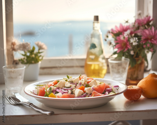 Close up Greek Salad opp Sea Background
