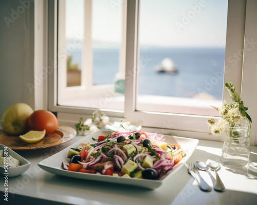 Close up Greek Salad opp Sea Background