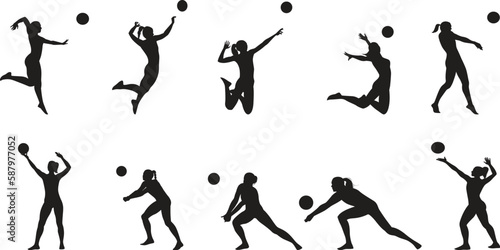 silhouettes of sports  playing volleyball people