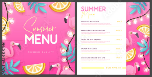 Restaurant summer menu design with 3D plastic palm leaves, tropic fruits and flamingo. Vector illustration