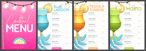 Restaurant summer cocktail menu design with 3D plastic cocktails, tropic fruits and palm leaf. Vector illustration