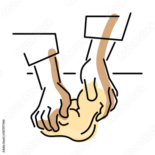 dough kneading by hands, line art style vector illustration