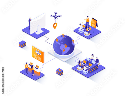 Outsourcing company isometric web banner. Remote workforce and freelancers recruiting isometry concept. Outsourcing software development 3d scene design. Illustration with people characters. photo